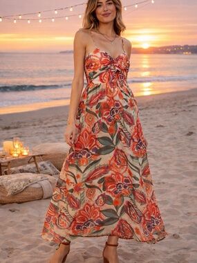 Baevely Cream Floral Sleeveless Front Cutout Maxi Dress Sz L